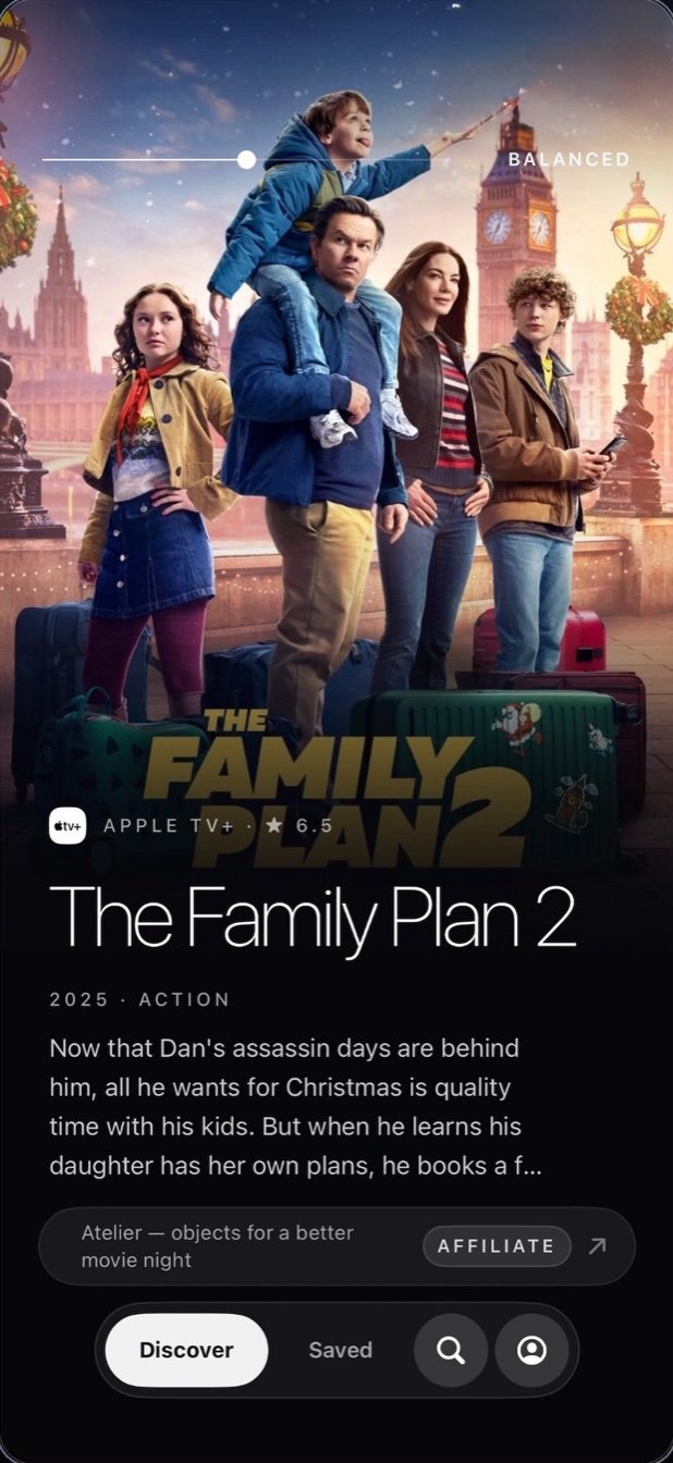 Flick: What to Watch Next discover deck on iPhone showing a full-screen movie pick with year, genre, and synopsis