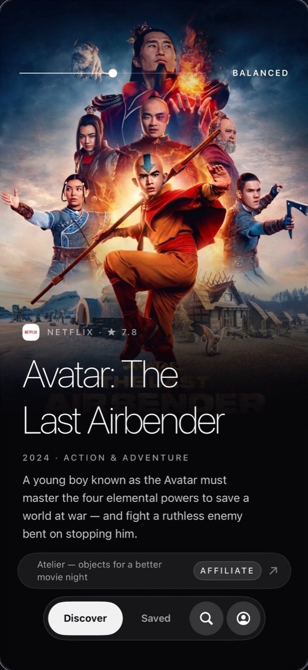Flick: What to Watch Next full-screen pick on iPhone with poster artwork, streaming service, and rating