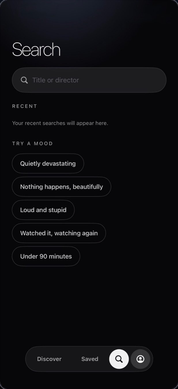 Flick: What to Watch Next search screen on iPhone with title search and mood chips like Quietly devastating
