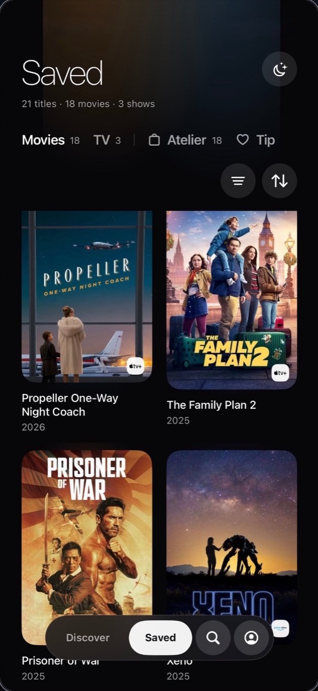Flick: What to Watch Next Saved watchlist grid on iPhone with movie posters and streaming badges