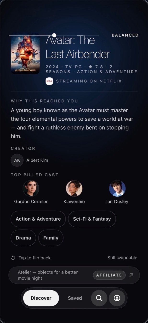 Flick: What to Watch Next detail view on iPhone showing genres, creator, top billed cast, and where it streams