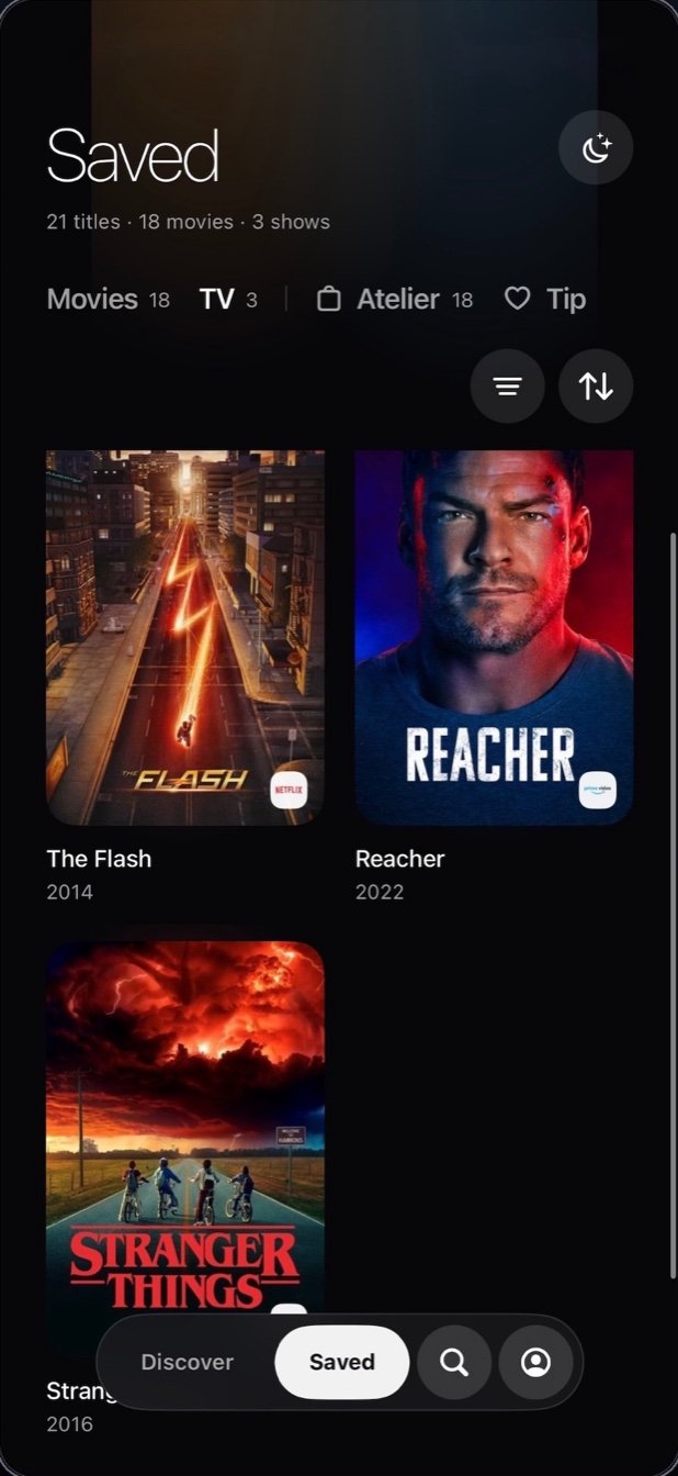 Flick: What to Watch Next watchlist on iPhone filtered to TV shows with sort and filter controls