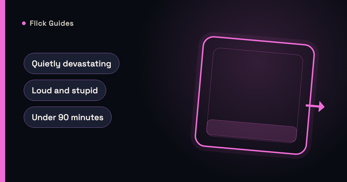 Stylized illustration of movie mood chips and a swipe card in Flick's magenta accent