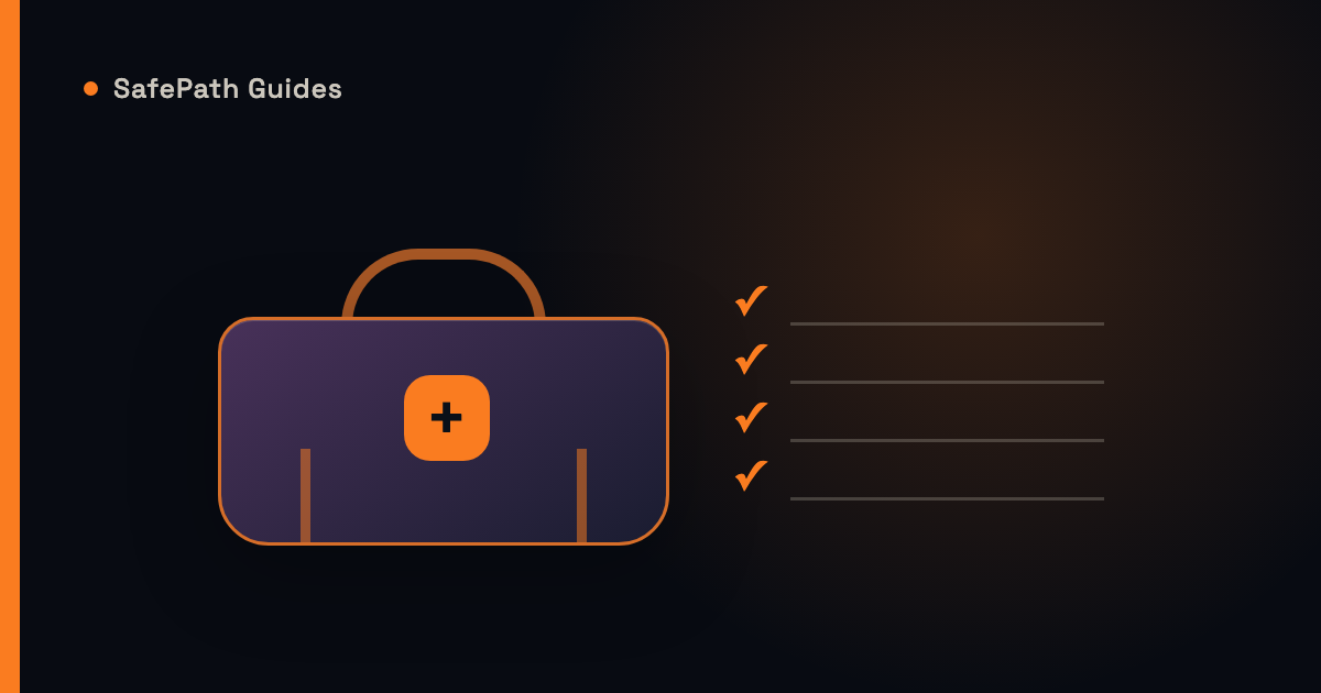 Stylized illustration of an open emergency go-bag with checklist marks in SafePath orange