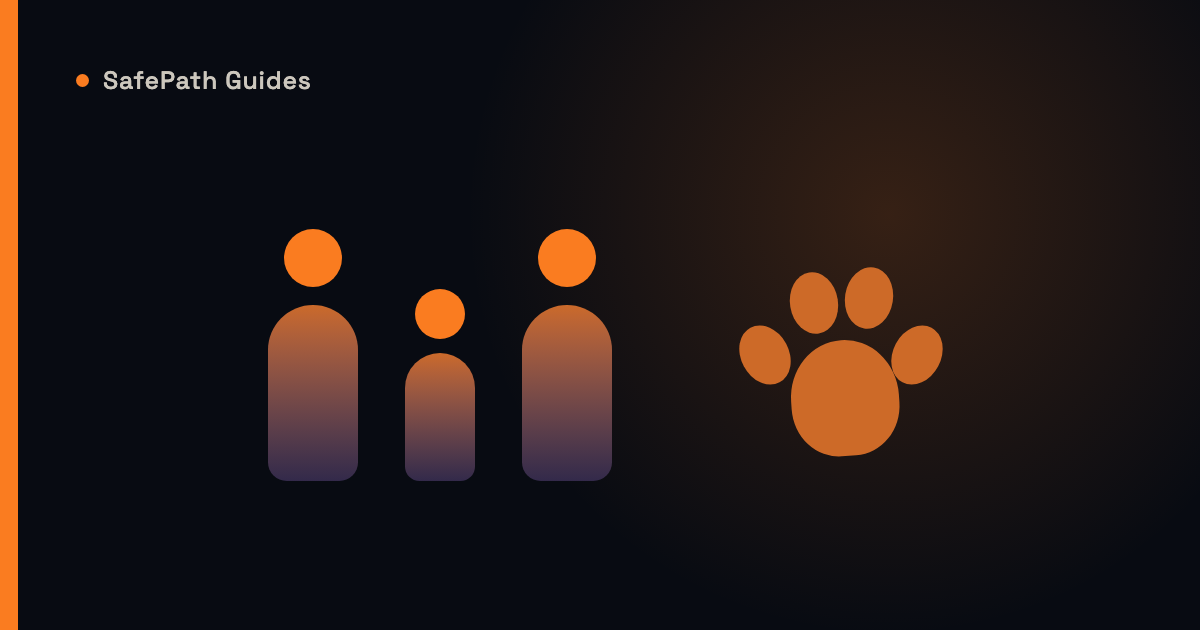 Stylized illustration of family figures and a paw print representing emergency planning with kids and pets
