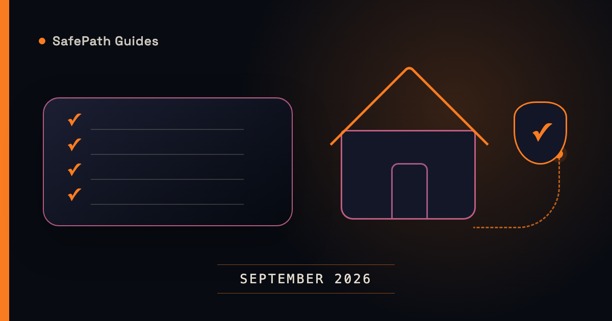 Stylized illustration of a monthly preparedness checklist with a September 2026 wordmark in SafePath orange