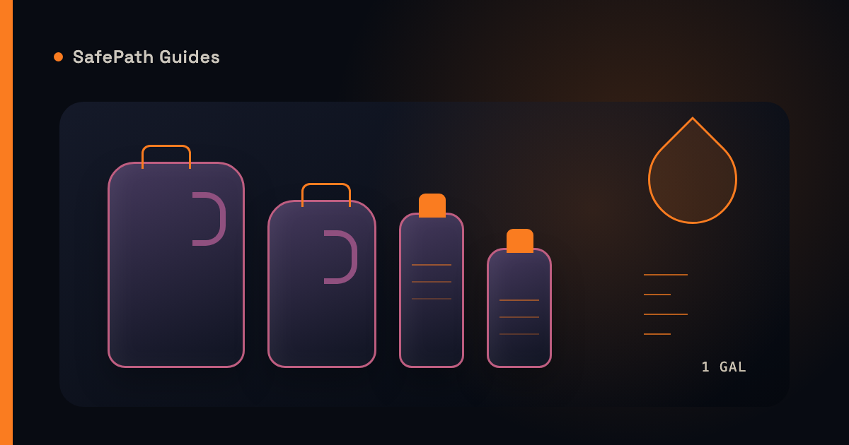 Stylized illustration of stored emergency water containers with a gallon measure in SafePath orange