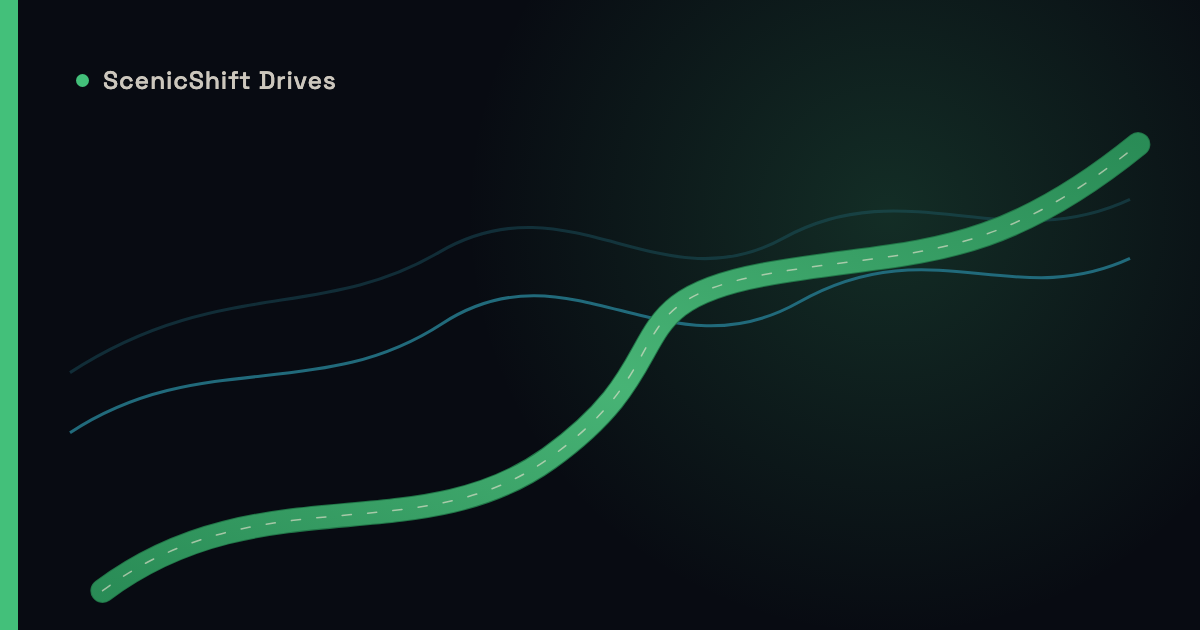 Stylized illustration of a winding mountain road ribbon in ScenicShift's green accent