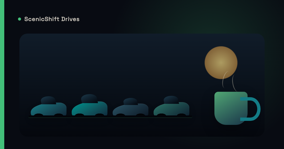 Stylized illustration of a morning car meet with a coffee cup in ScenicShift green