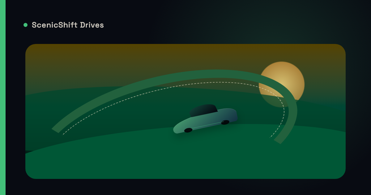 Stylized illustration of a grand touring car on an open ribbon road at golden hour in ScenicShift green