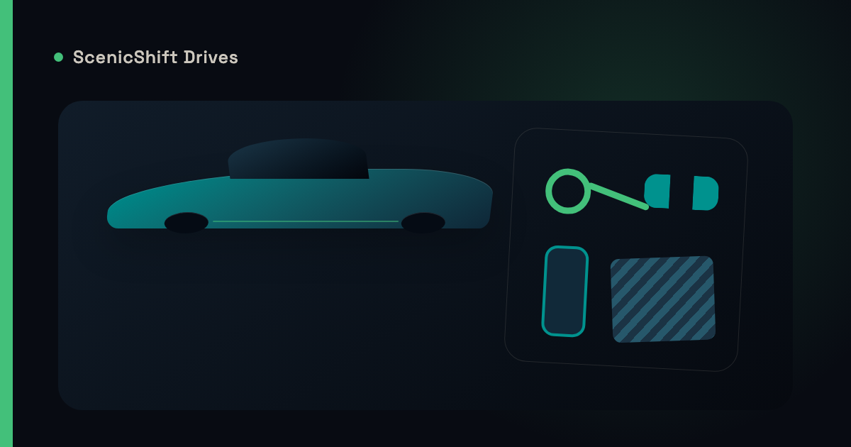Stylized illustration of driving essentials laid out beside a grand touring car in ScenicShift green