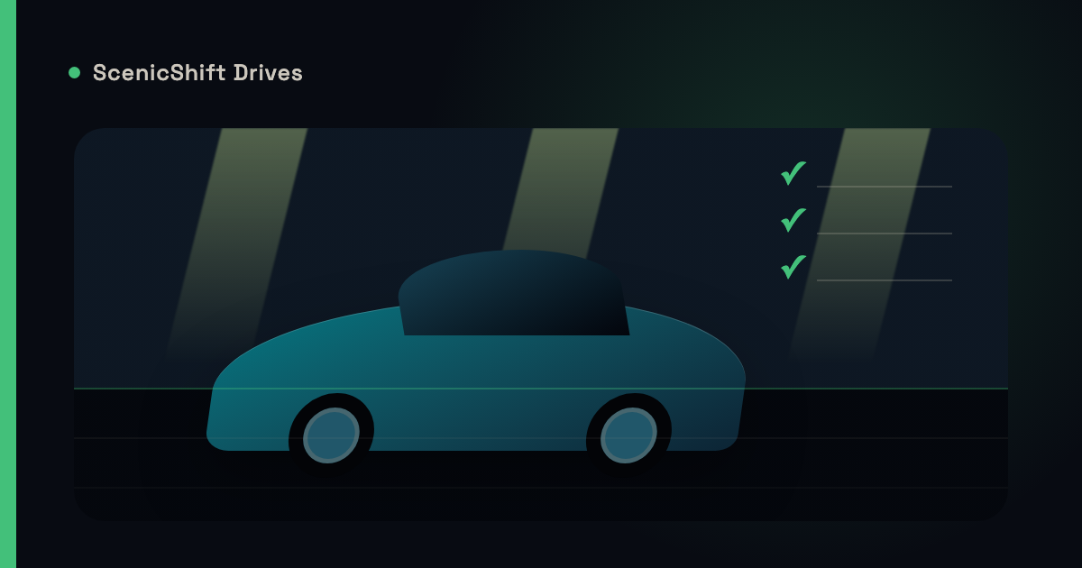 Stylized illustration of a coupe in a clean garage with checklist marks in ScenicShift green