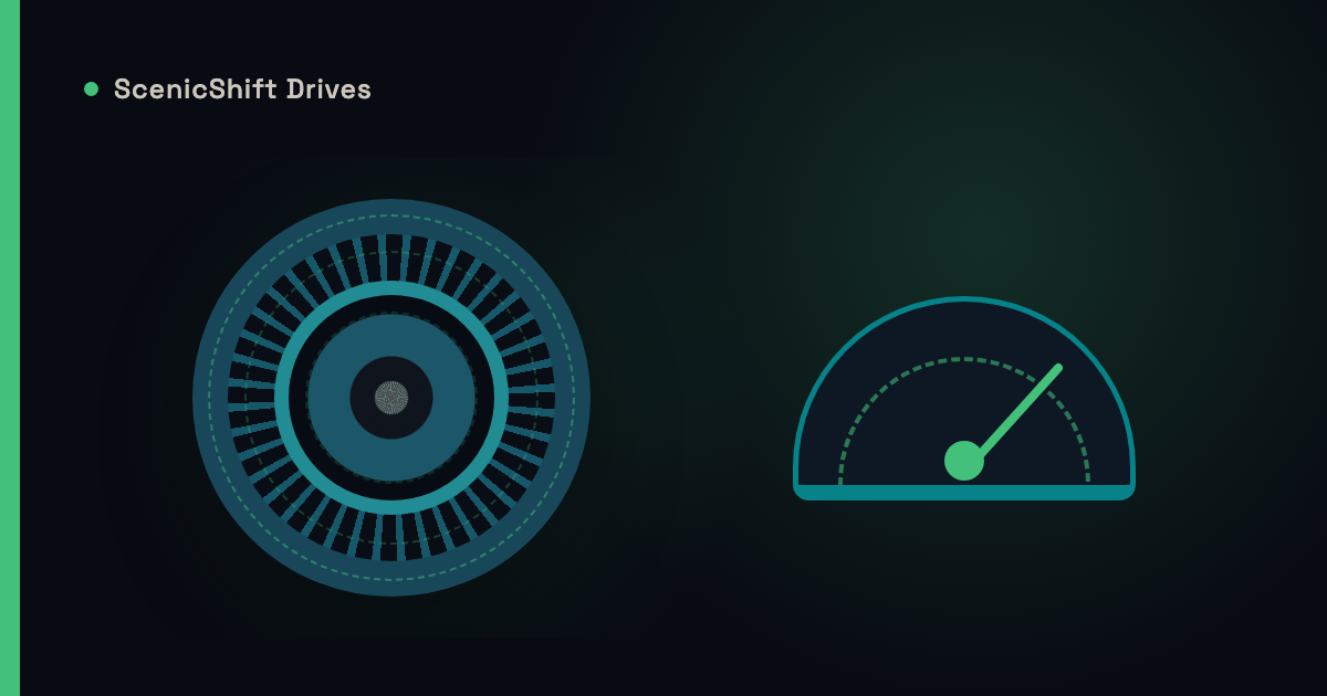 Stylized close-up illustration of a performance wheel and tire with a pressure gauge motif in ScenicShift green