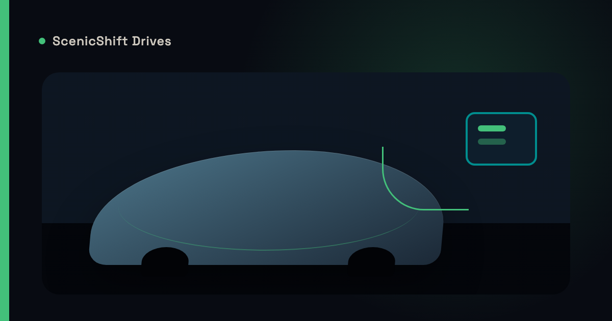 Stylized illustration of a covered performance car in a home garage with a battery maintainer in ScenicShift green