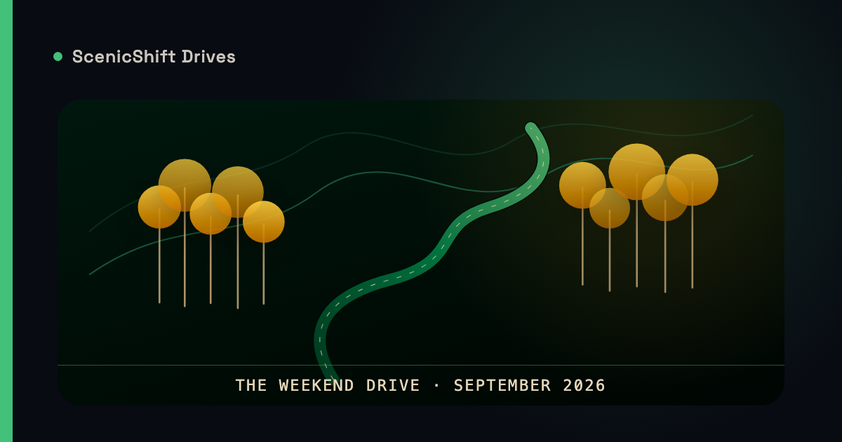 Stylized illustration of a mountain road through golden aspen trees with The Weekend Drive September 2026 wordmark in ScenicShift green and gold