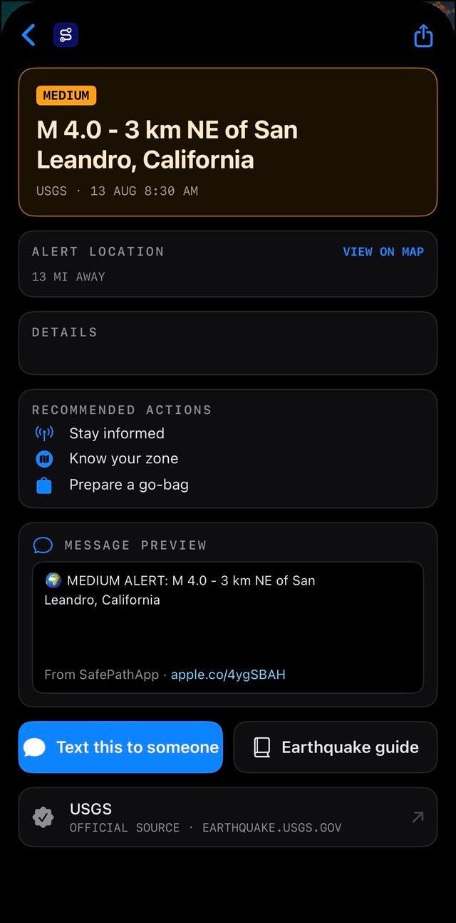 SafePathApp earthquake alert detail with recommended actions and a shareable message preview