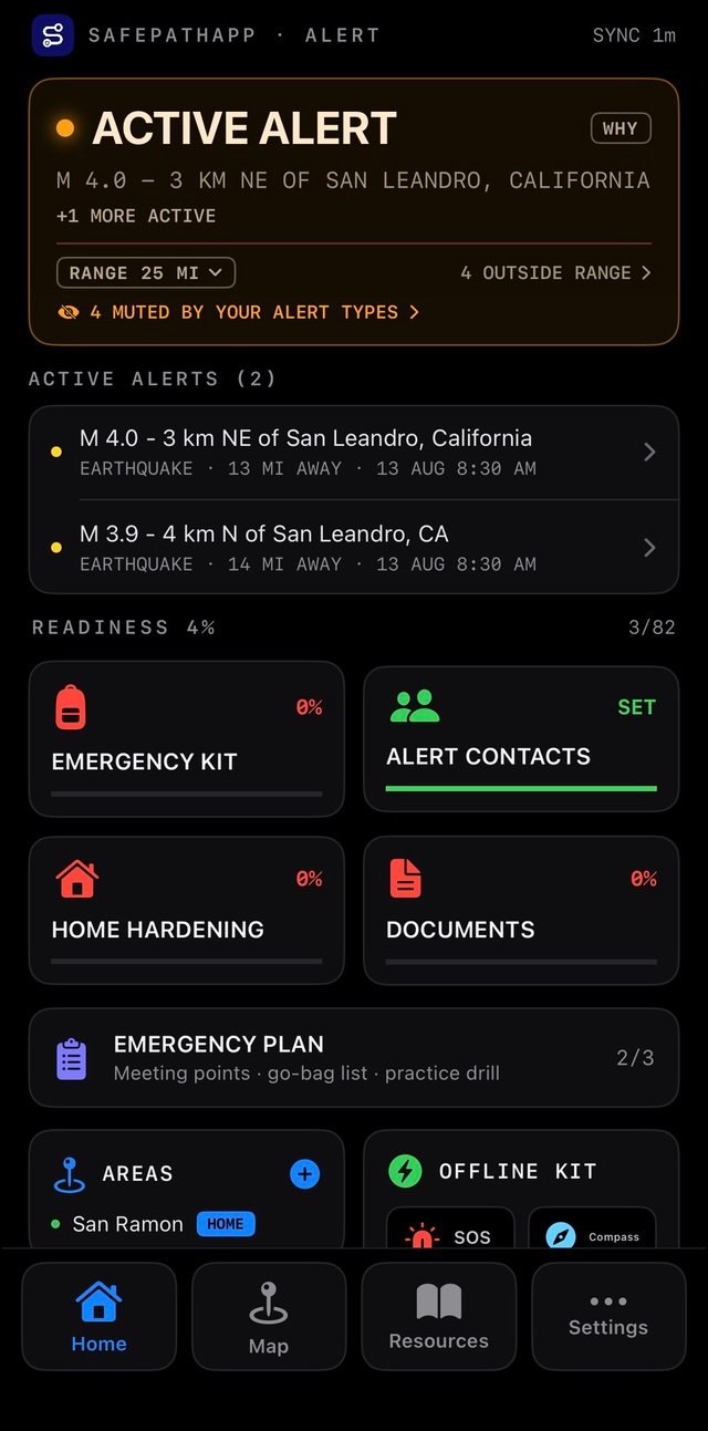 SafePathApp home screen with an active M 4.0 earthquake alert near San Leandro and readiness progress cards