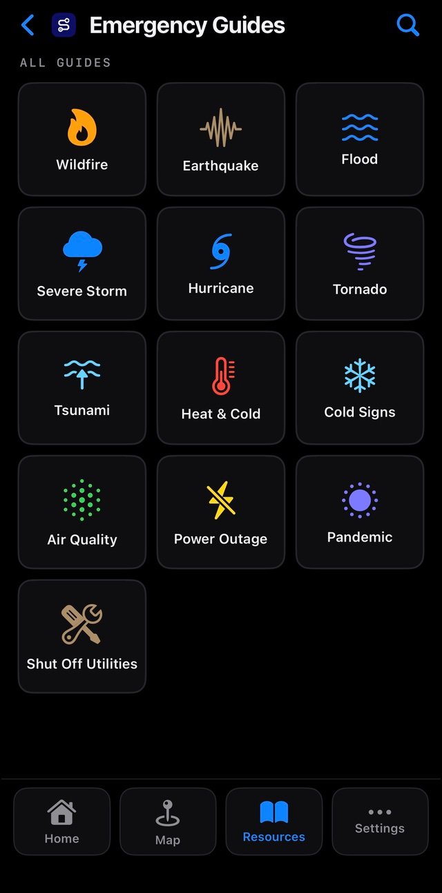 SafePathApp emergency guides library covering wildfire, earthquake, flood, heat, and more