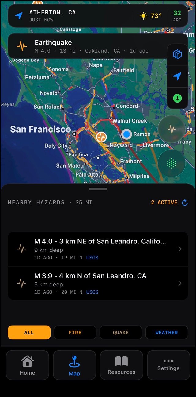 SafePathApp live hazard map of the San Francisco Bay Area with two active earthquake alerts