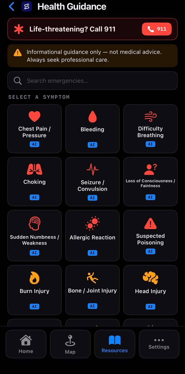 SafePathApp health guidance symptom picker with a call-911 banner