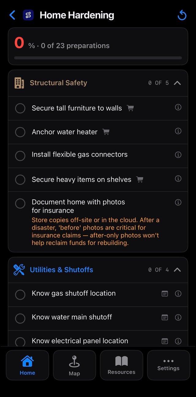 SafePathApp home hardening checklist covering structural safety and utility shutoffs