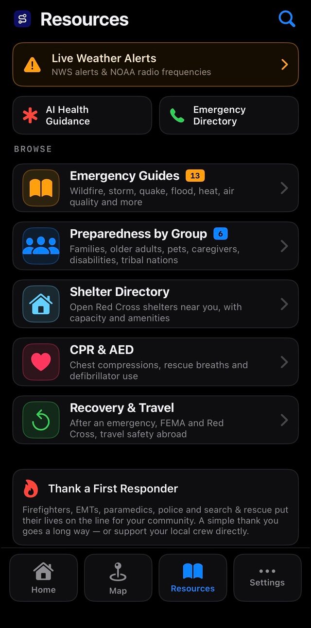 SafePathApp resources screen with live weather alerts, emergency guides, shelter directory, and CPR guidance